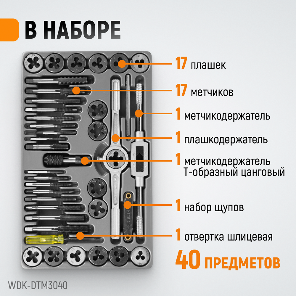 WDK-DTM3040 Набор метчиков и плашек М3 - 12, 40 предметов, метрическая резьба Wiederkraft