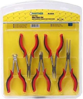 Набор шарнирно-губцевого инструмента мини 180мм CR-V, 5пр (утконосы, бокорезы, пассатижи, круглогубцы, торцевые кусачки), в блистере Partner PA-01014
